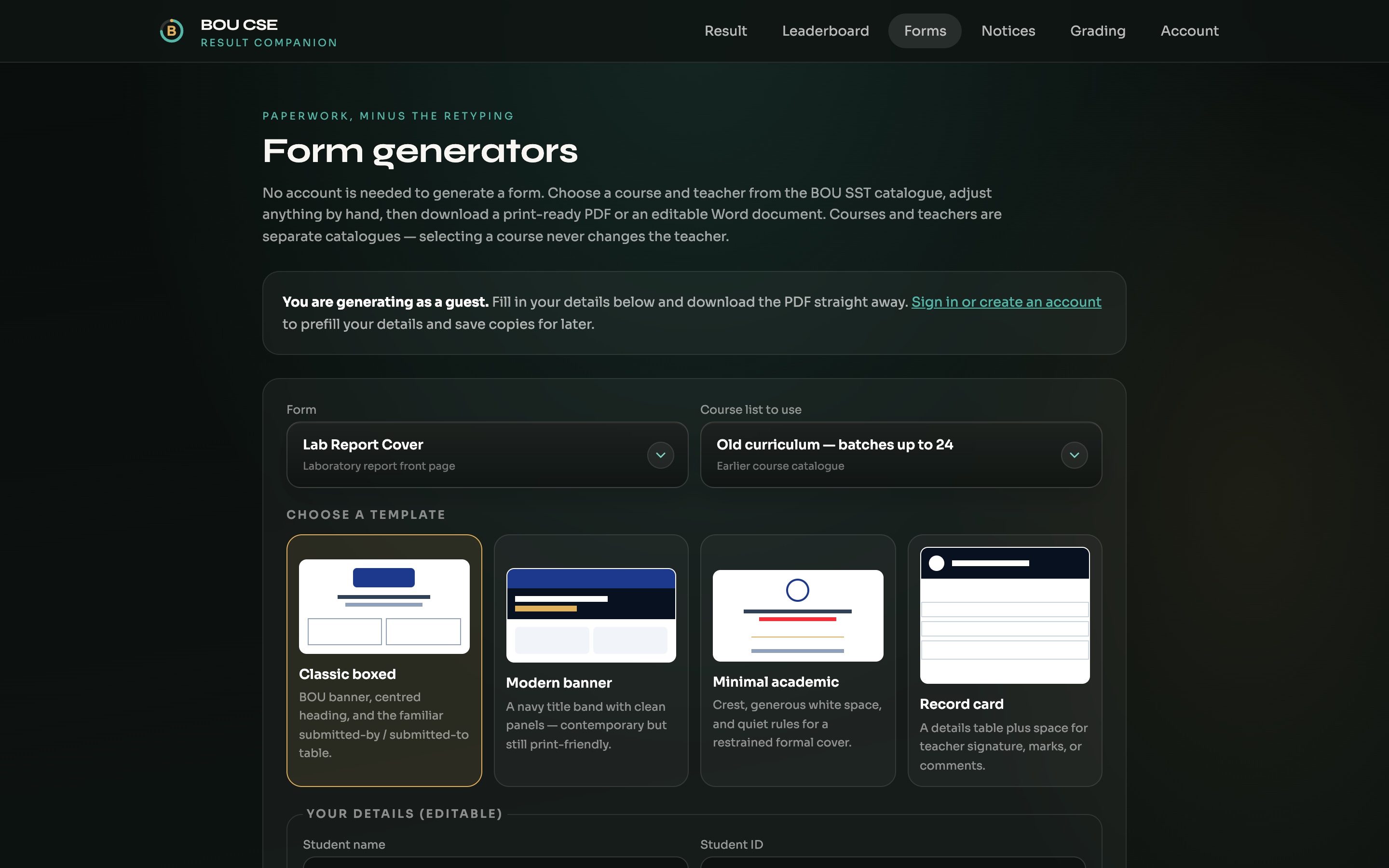 BOU CSE form generator for lab and assignment covers