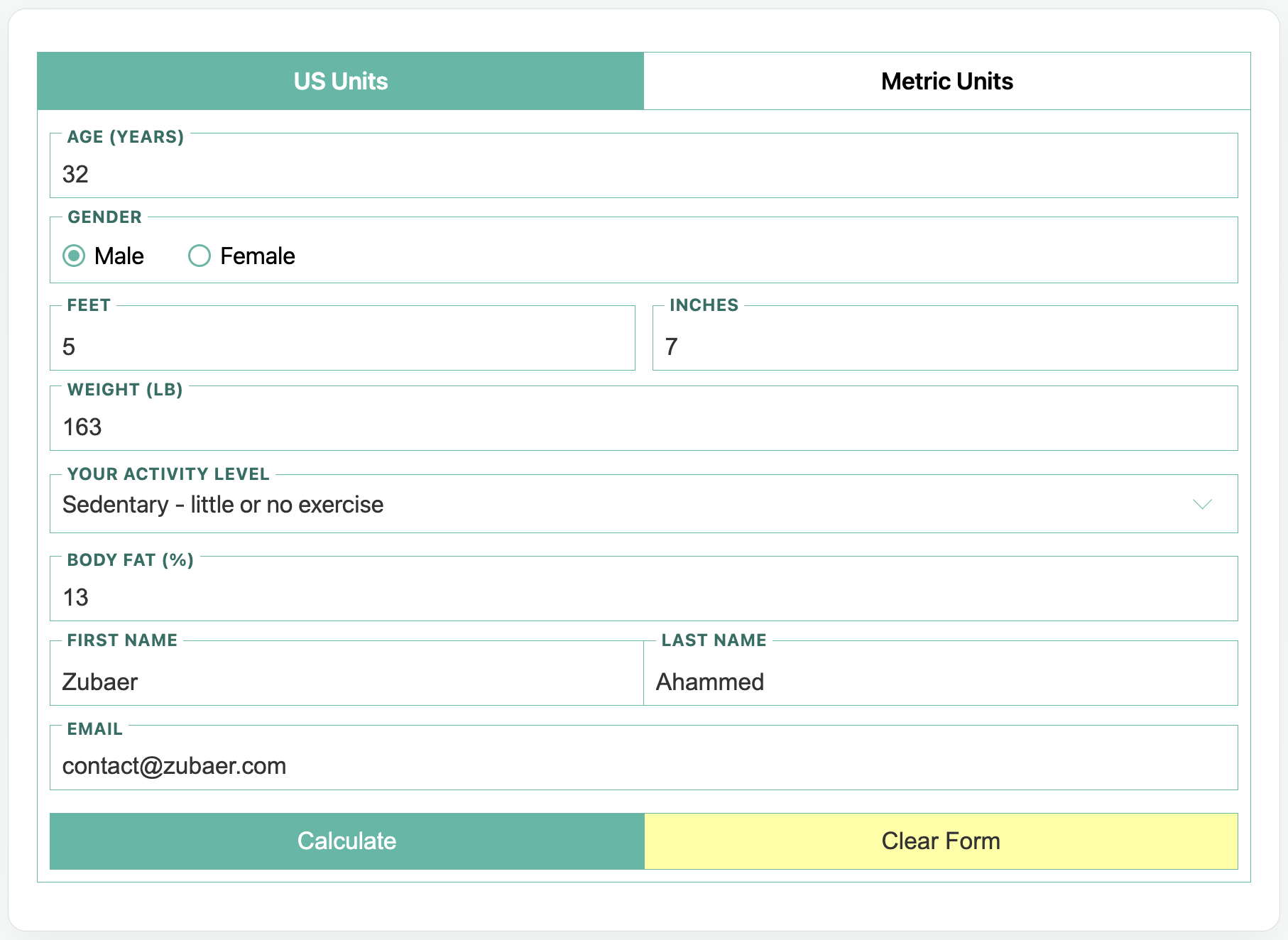 Calorie Calculator Pro form